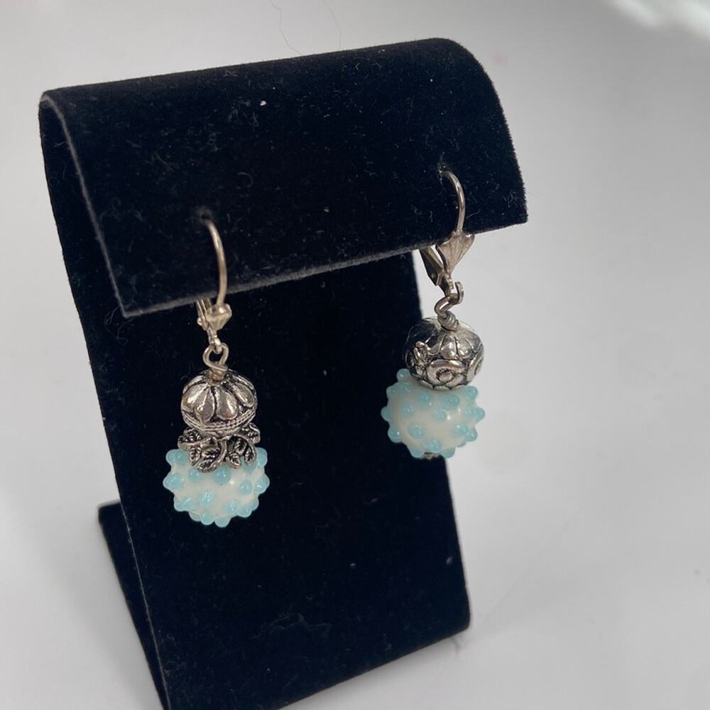 Handmade blue and silver beaded earrings